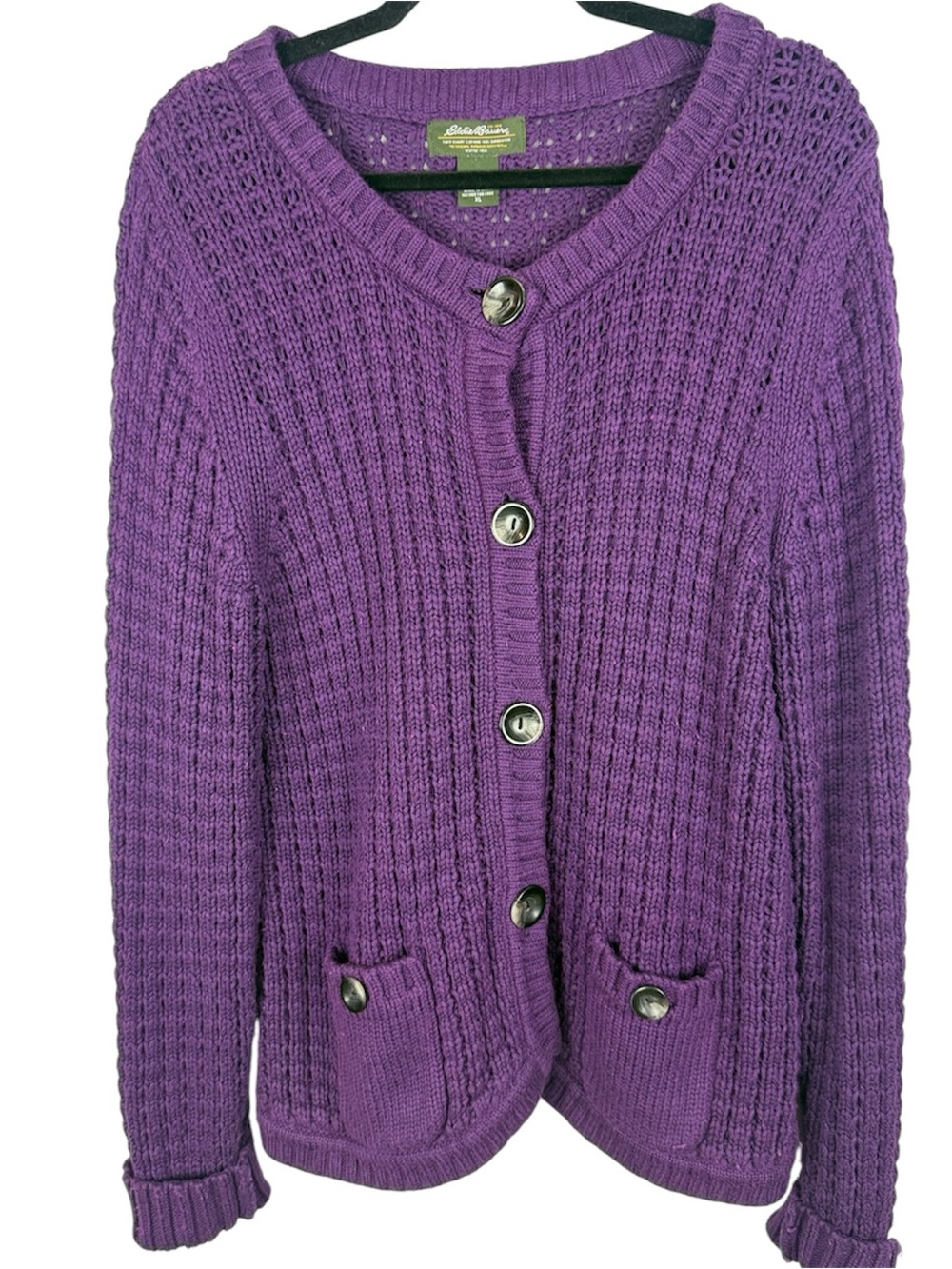 Eddie Bauer Purple Chunky Knit Cardigan Sweater Cotton Angora Blend XL